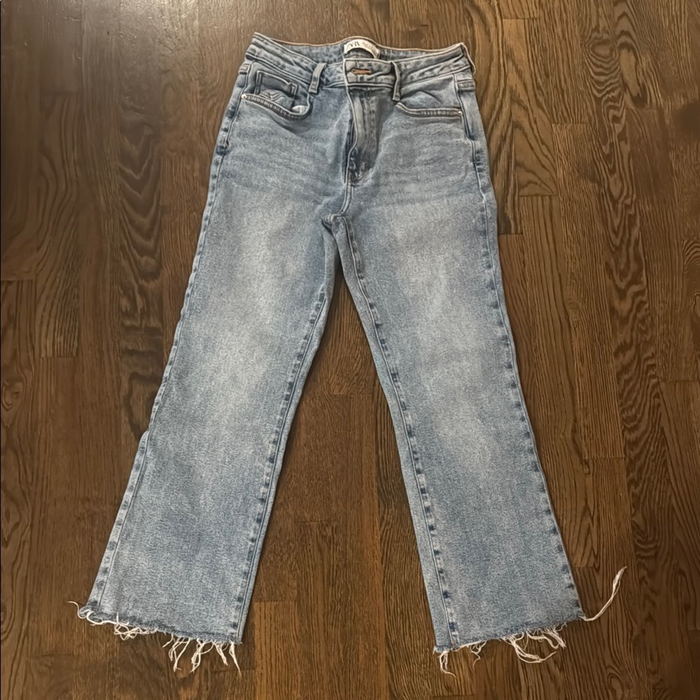Zara Blue High Rise Jeans Distressed Casual